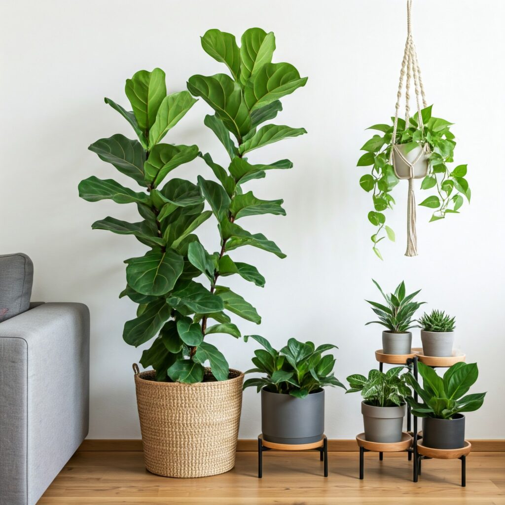 styling different types of indoor plants in a room