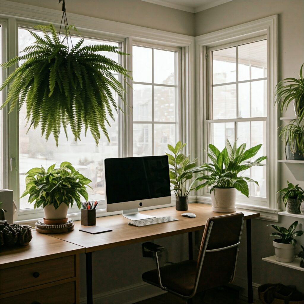 A desk with a computer and different types of indoor Air-Purifying Plants