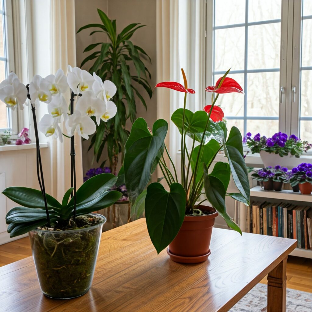 Different types of flowering indoor plants on a table
