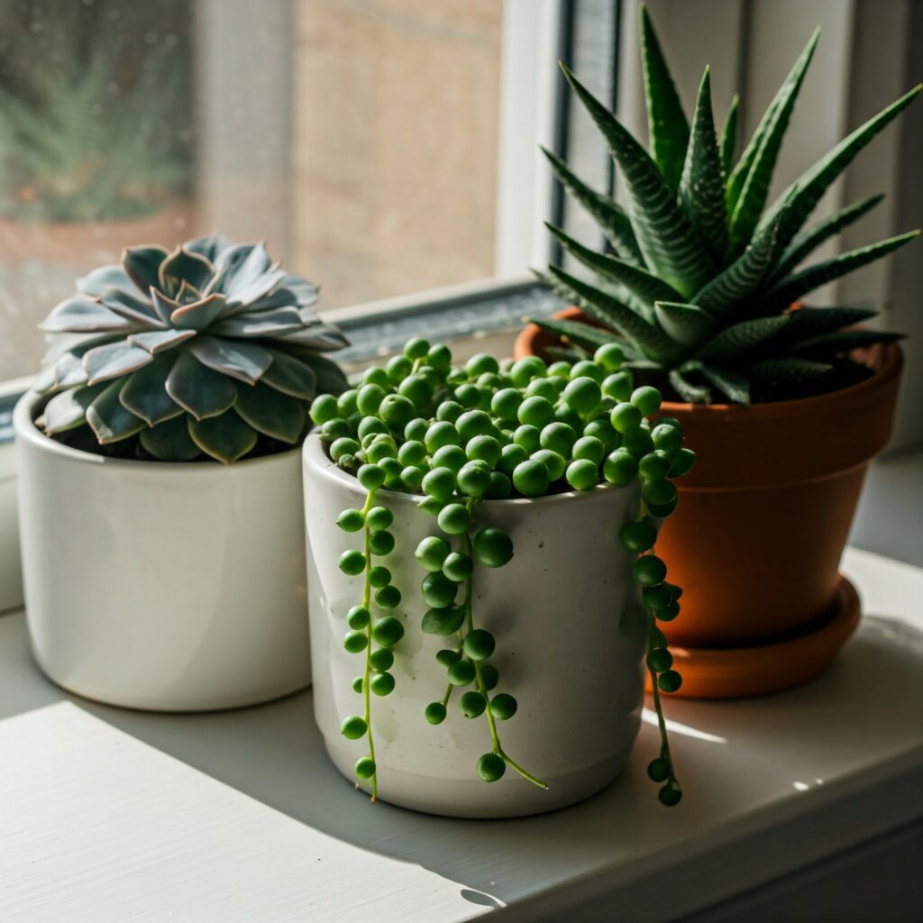 Different types of indoor succulent plants on a window sill