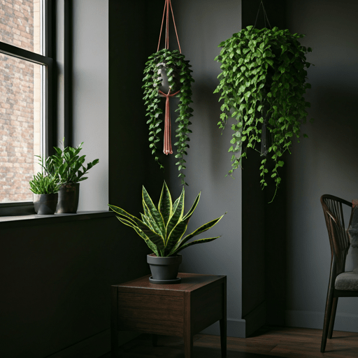 a room with different types of low light indoor plants from the ceiling