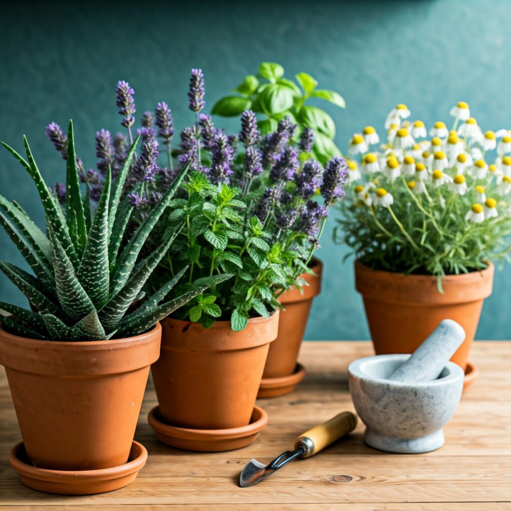 Different types of indoor Medicinal Plants on a table